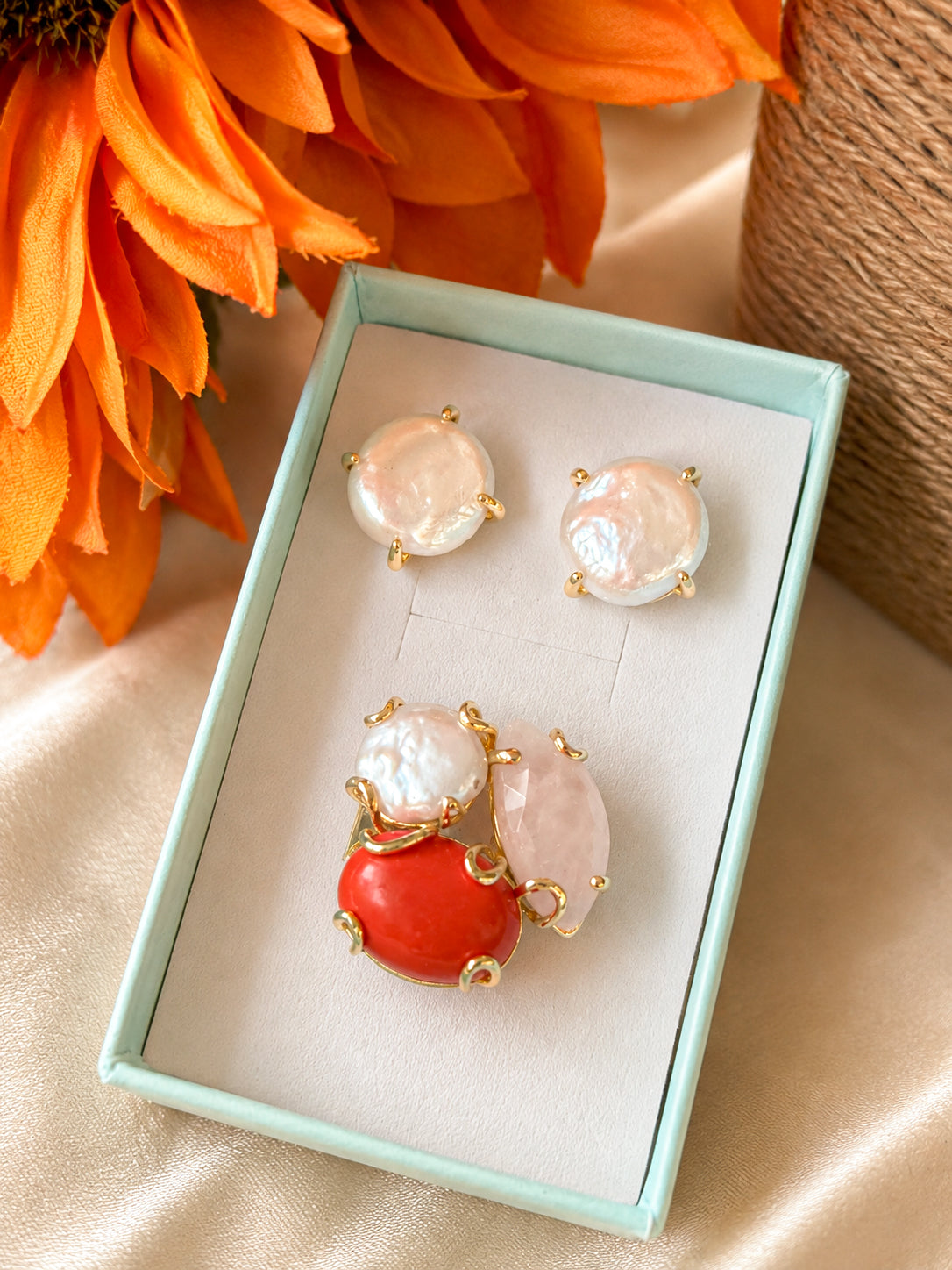 Set de anillo y aretes de perla