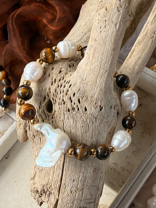 Pulsera ojo de tigre y perla